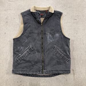 Men's Wolverine Washed Gray Black Canvas Sherpa Lined Work Wear Vest Sz Medium